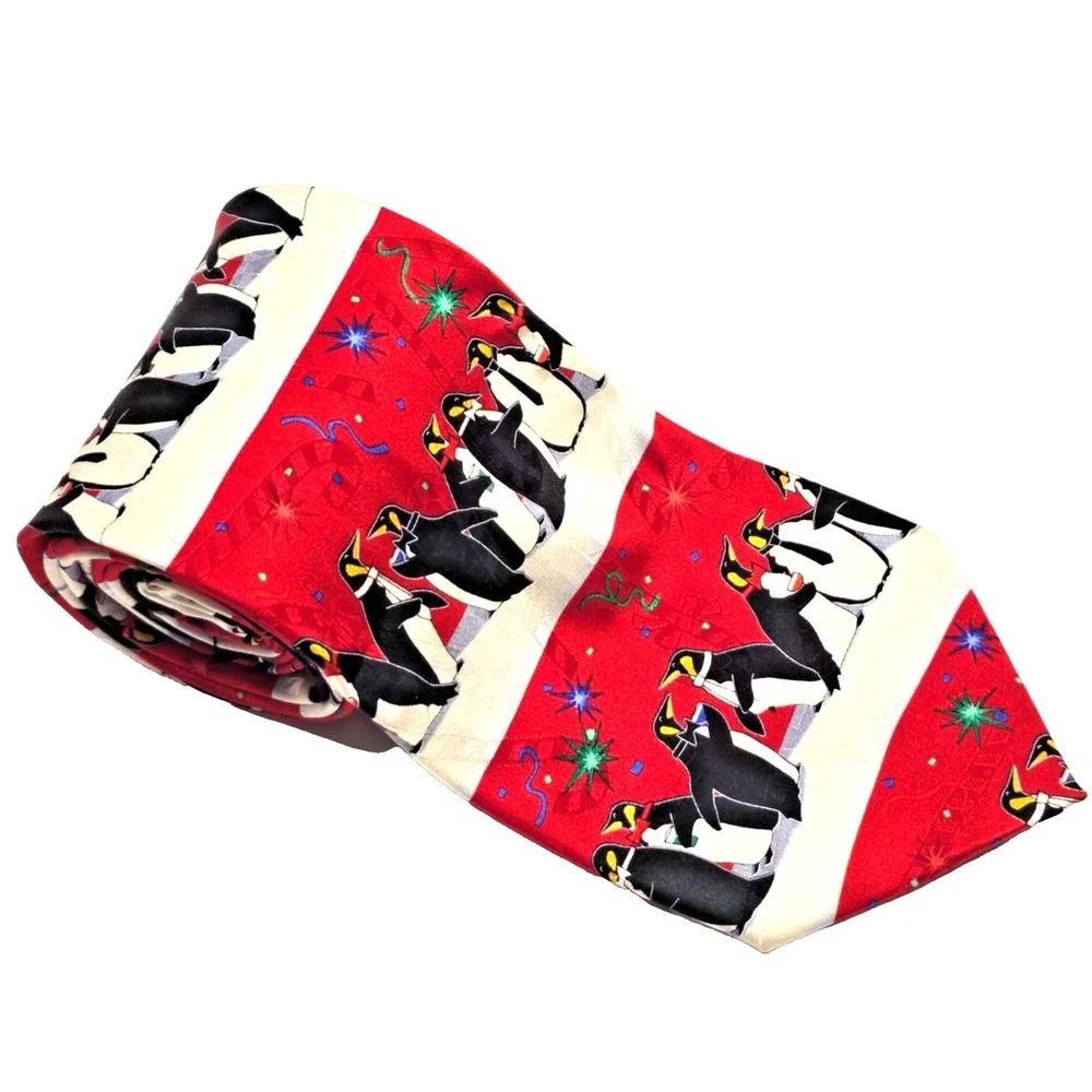 Hallmark Christmas Silk Tie Penguin‎ Yule Greetings Festive Holiday Men's